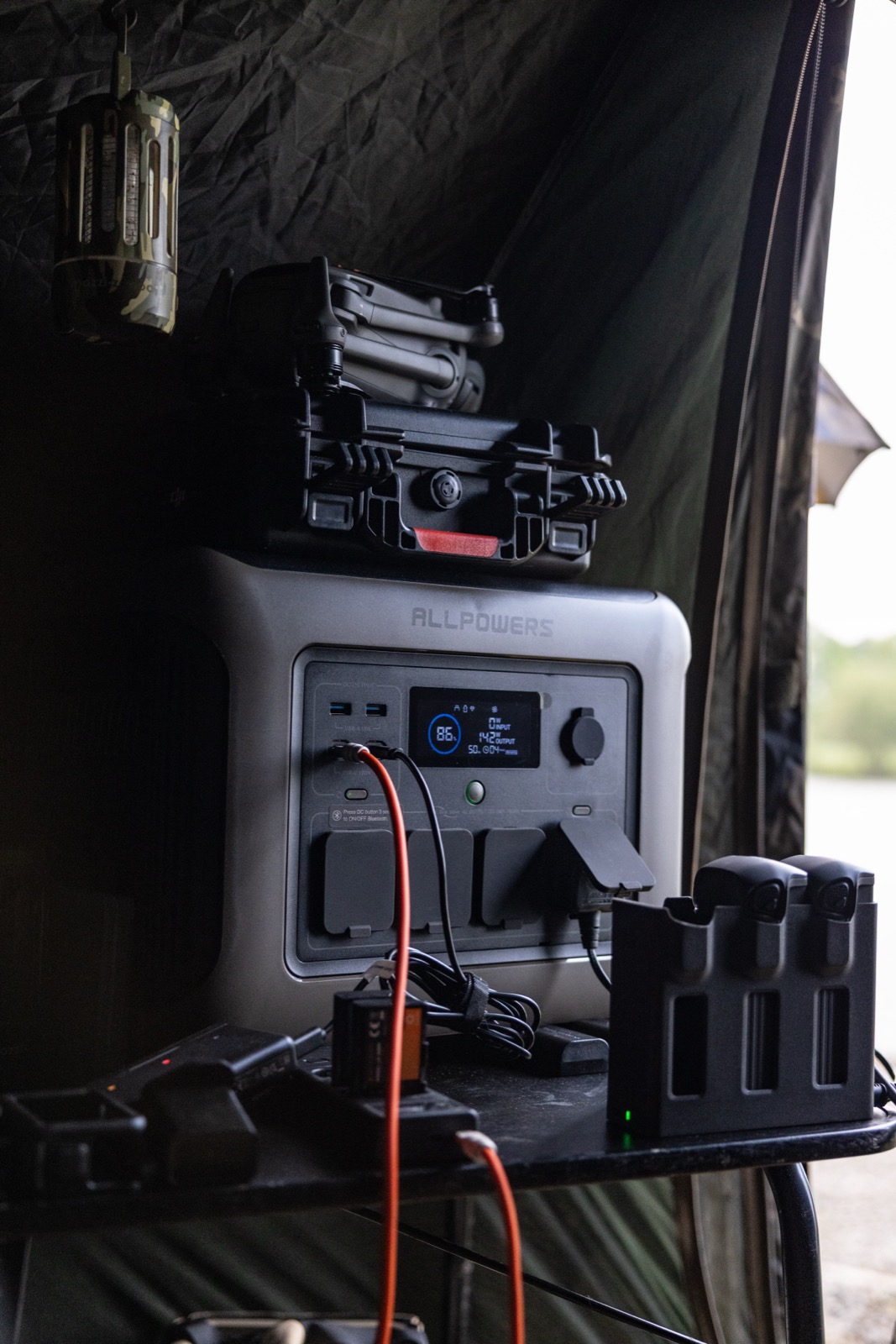 AllPowers power station running off-grid in the bivvy