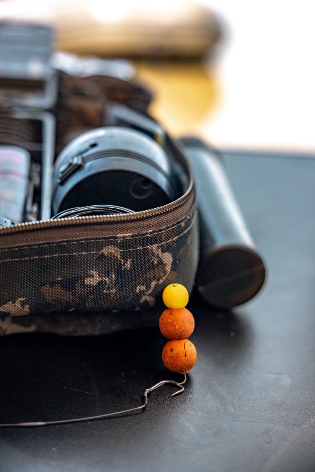 A hook rig and pop-up hookbaits ready to fish