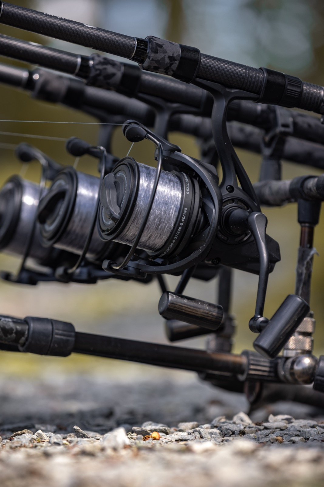 Close product detail of a carp reel and rod